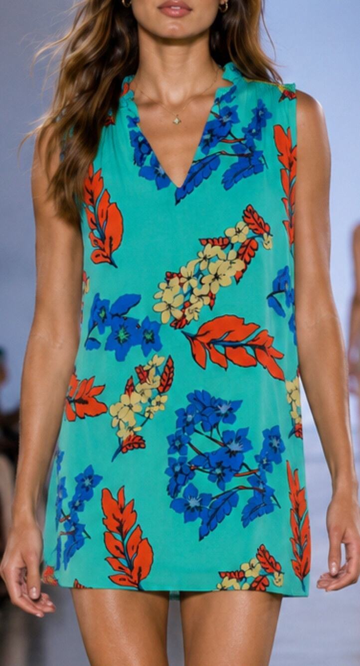 Tabitha Webb Women’s Size 6 Green Floral Sleeveless Mini Shift Dress Boho Design
